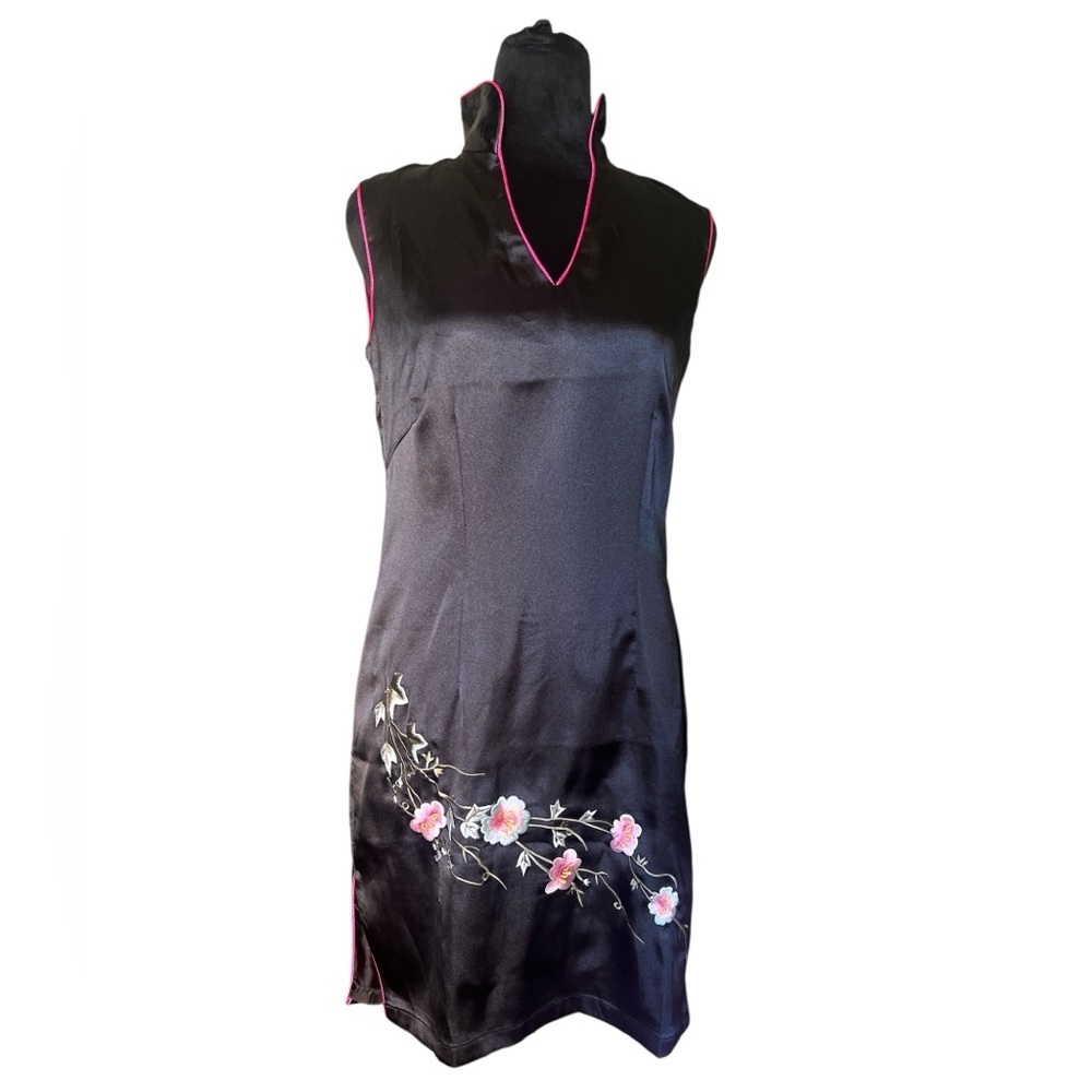 Silk Black Cheongsam Chinese Dress Embroidered Floral Mandarin Collar Size 2